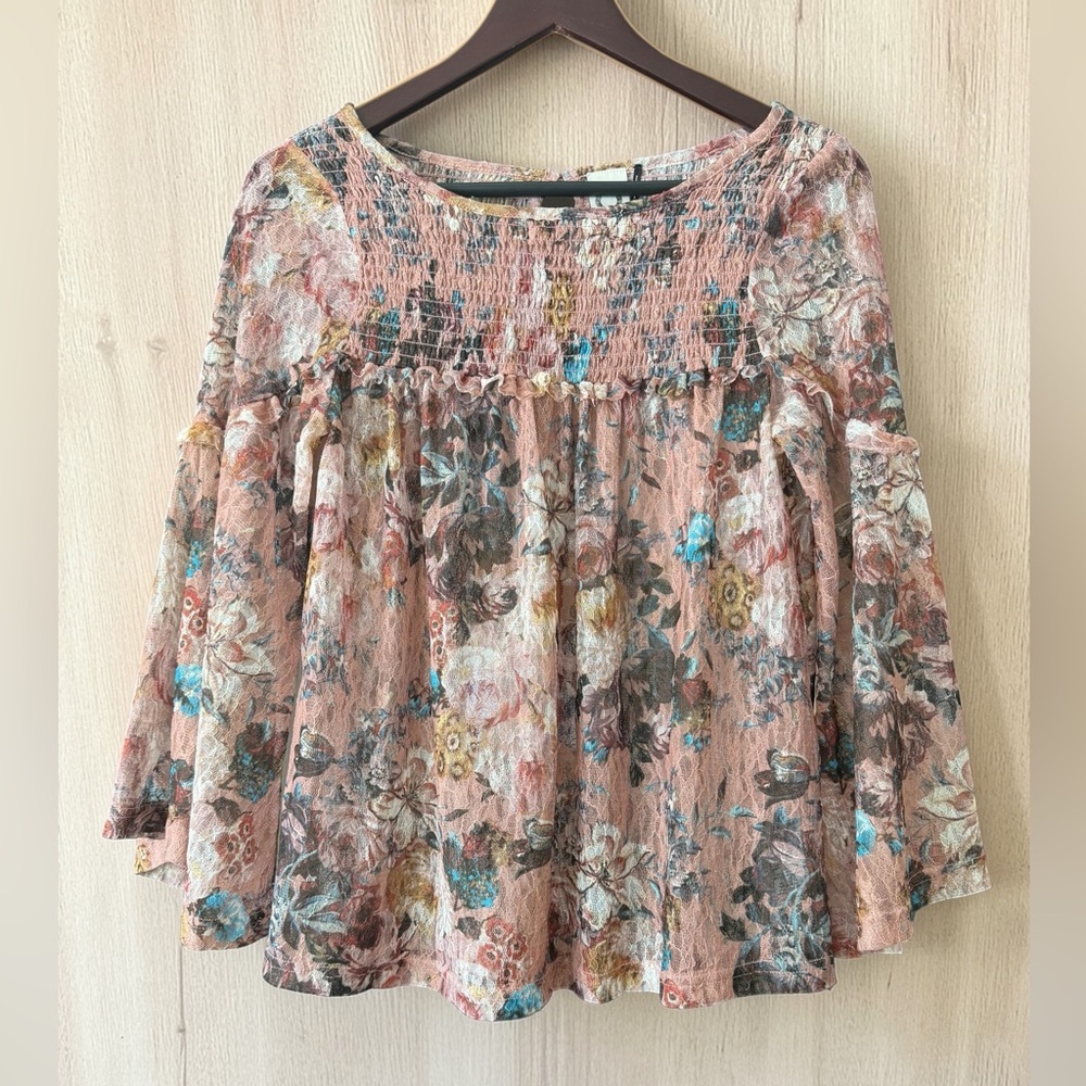 Boho Smocked Floral Peasant Blouse in Dusty Rose